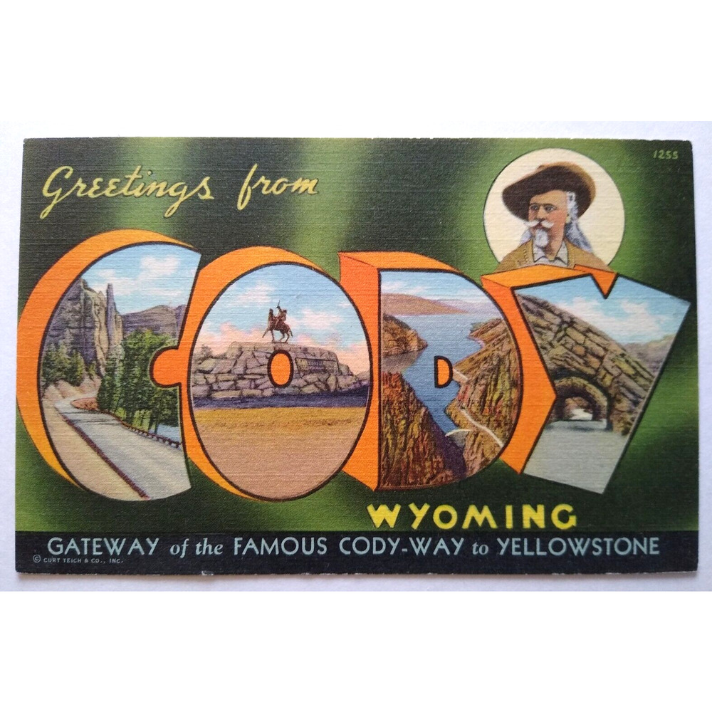 Greetings Hello From Cody Wyoming Postcard Large Letter Curt Teich Buffalo Bill